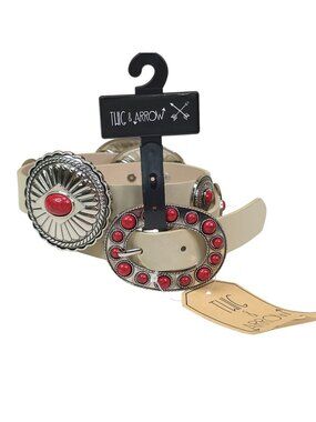 Twig & Arrow Red & Silver Concho Belt Large/XL Faux Leather Beige 45" Long